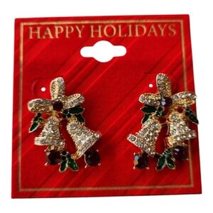 RHINESTONE Christmas Bell Earrings Gold Tone NWT